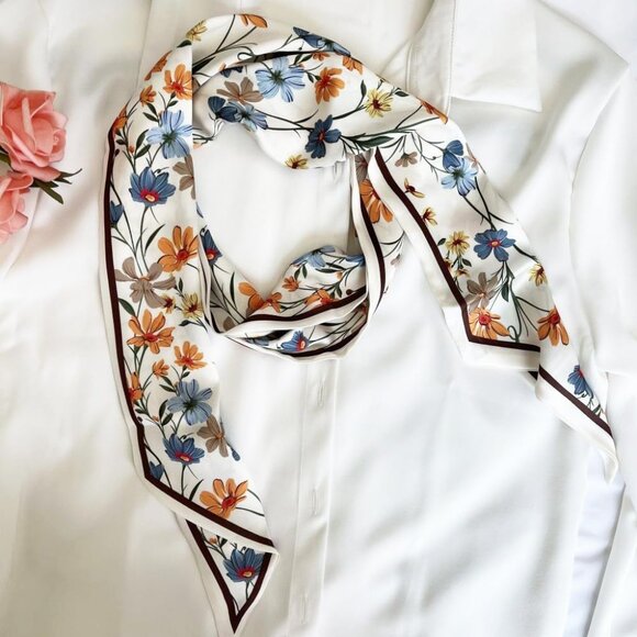 Elegant Yellow & Blue Floral Silk Head Scarf - Lightweight Neck Tie for Women - Picture 3 of 8